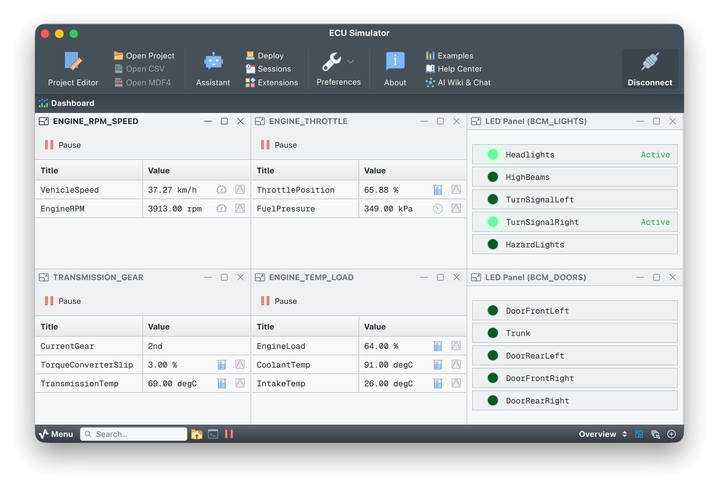 CAN bus ECU dashboard with engine, throttle and battery data grids decoded from a DBC file