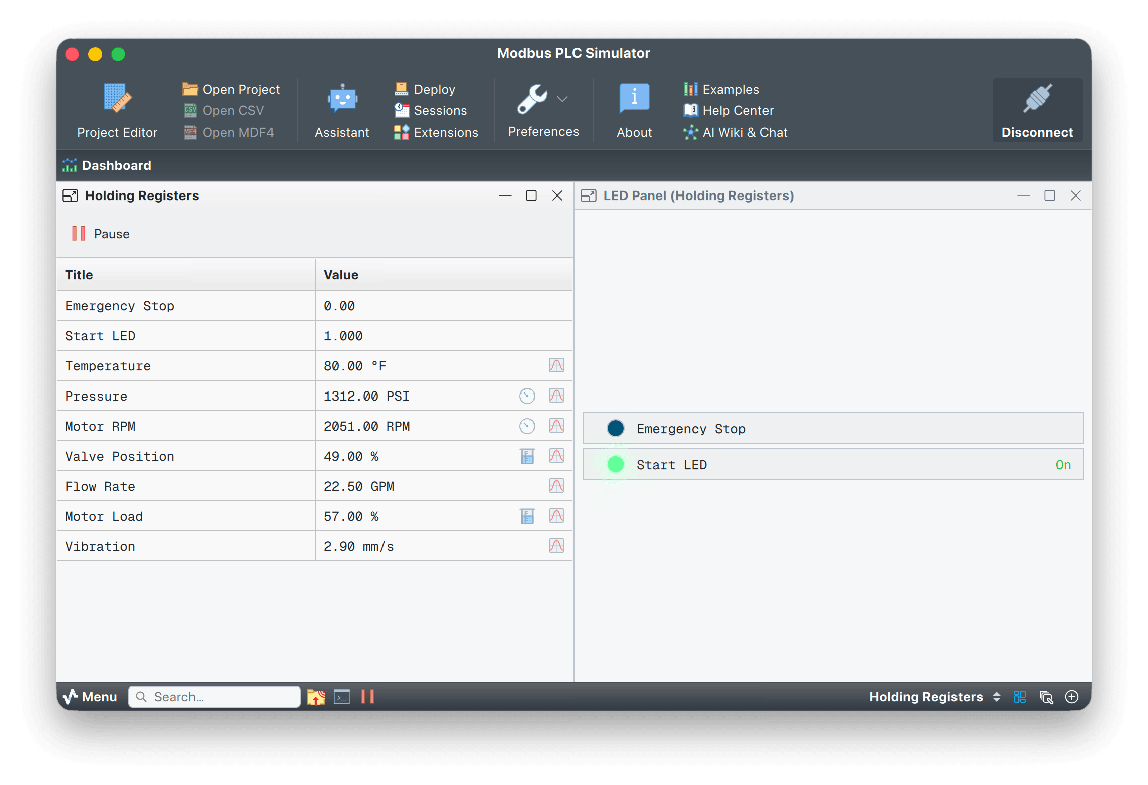 Modbus PLC simulator dashboard with a holding-register data grid and an LED status panel